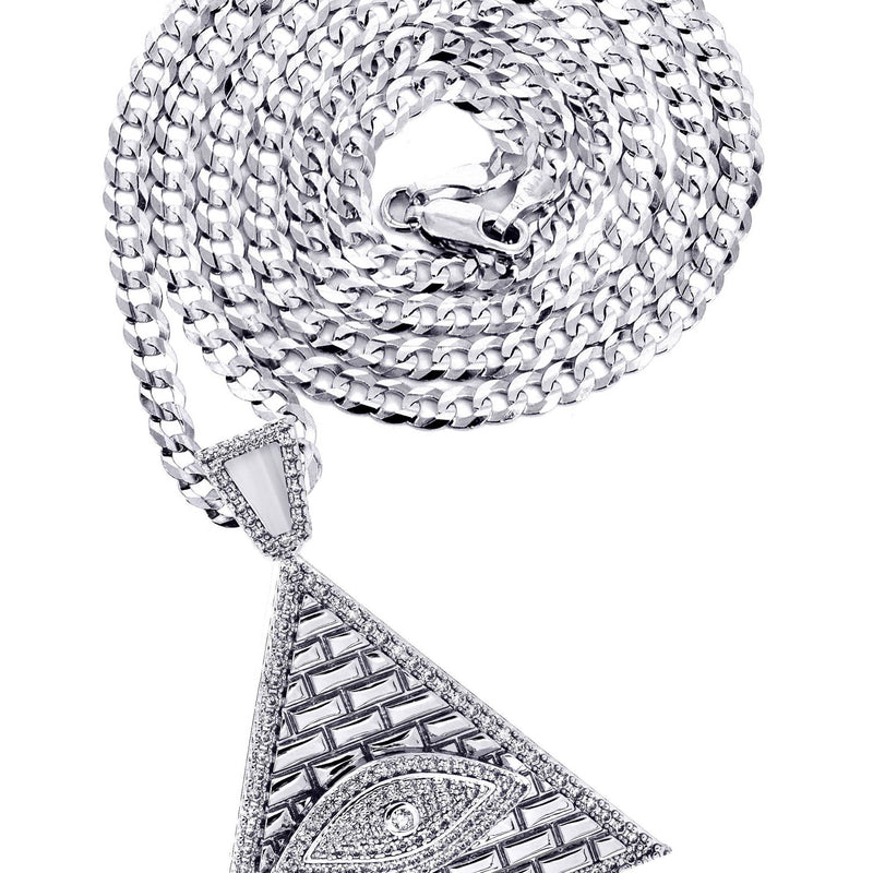 White Gold Plated Cuban Link Chain & Illuminate Pendant | Appx. 27.3 Grams