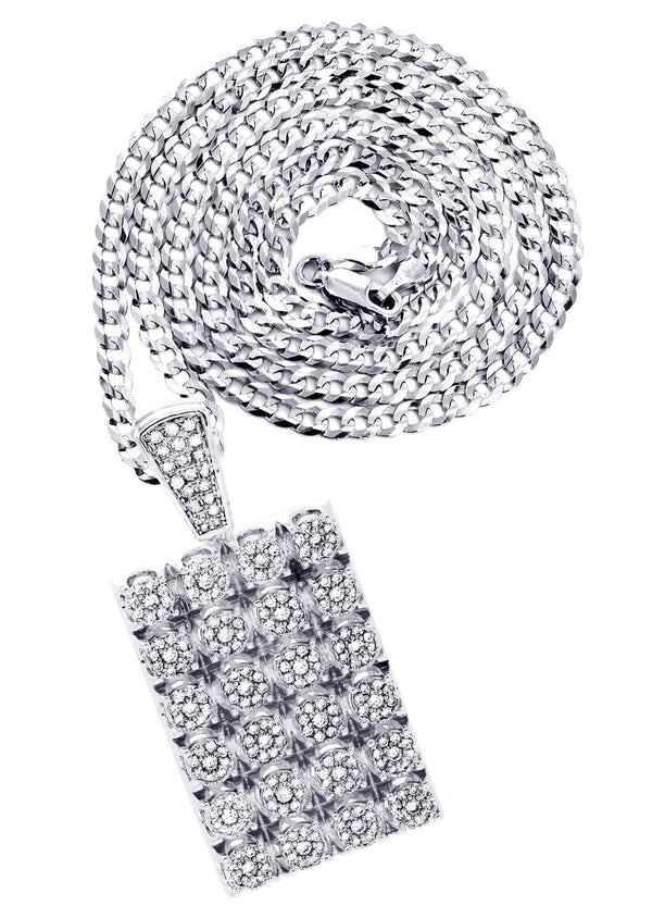 White Gold Plated Cuban Link Chain & Dog Tag Pendant | Appx. 40.2 Grams