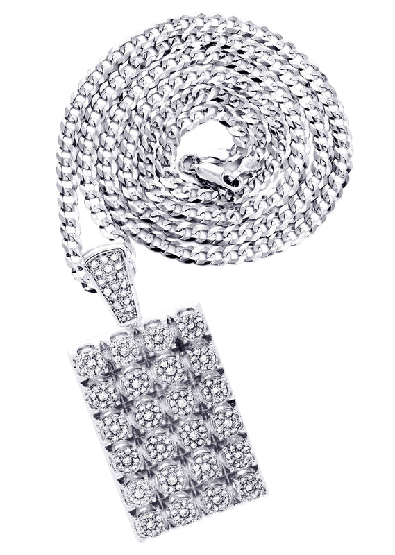 White Gold Plated Cuban Link Chain & Dog Tag Pendant | Appx. 40.2 Grams