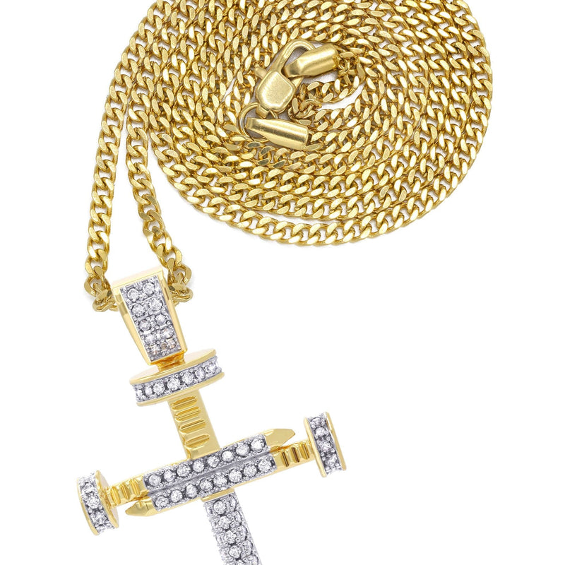 Mens Gold Plated Cuban Link Chain & Cross Pendant | Appx. 15 Grams