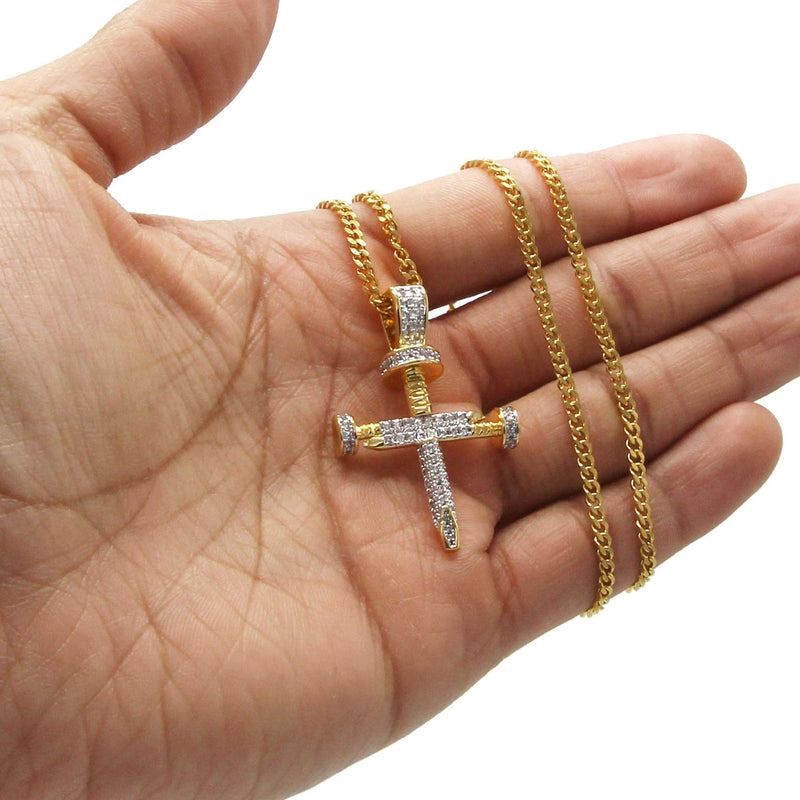 Mens Gold Plated Cuban Link Chain & Cross Pendant | Appx. 15 Grams