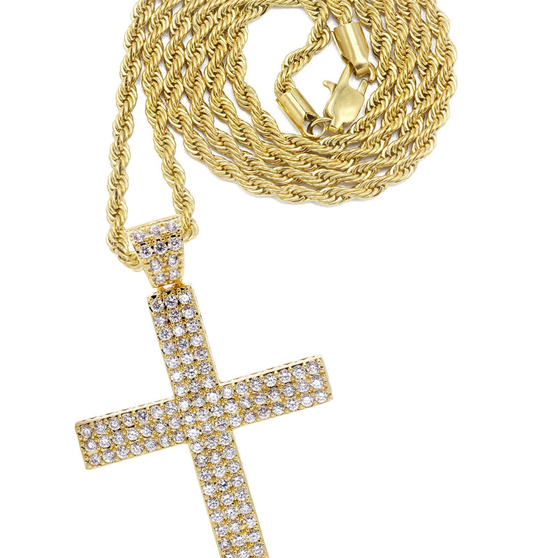 Mens Gold Plated Rope Chain & Cross Pendant | Appx. 19.9 Grams