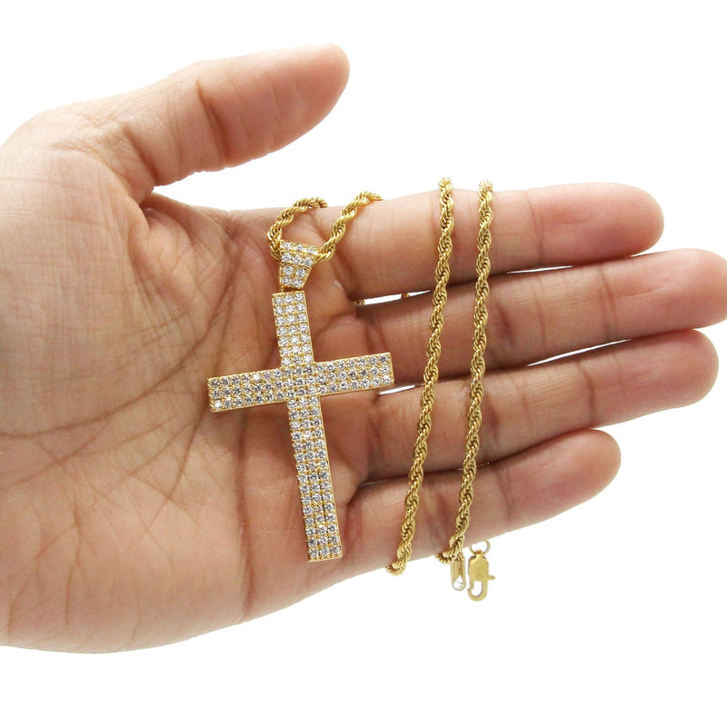 Mens Gold Plated Rope Chain & Cross Pendant | Appx. 19.9 Grams