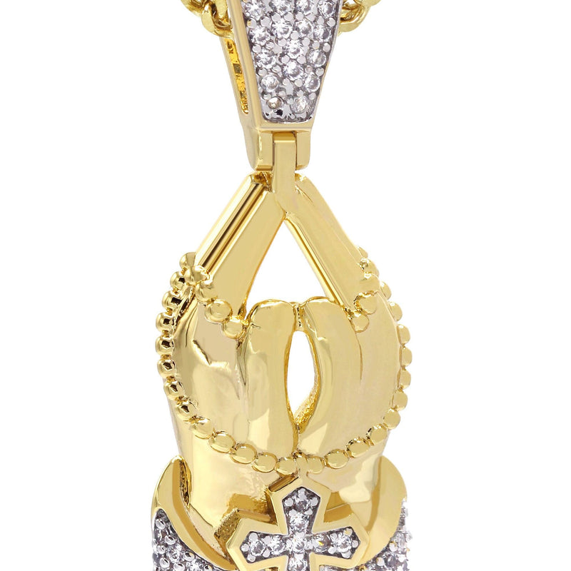 Mens Gold Plated Franco Chain & Praying Hands Pendant | Appx. 12 Grams
