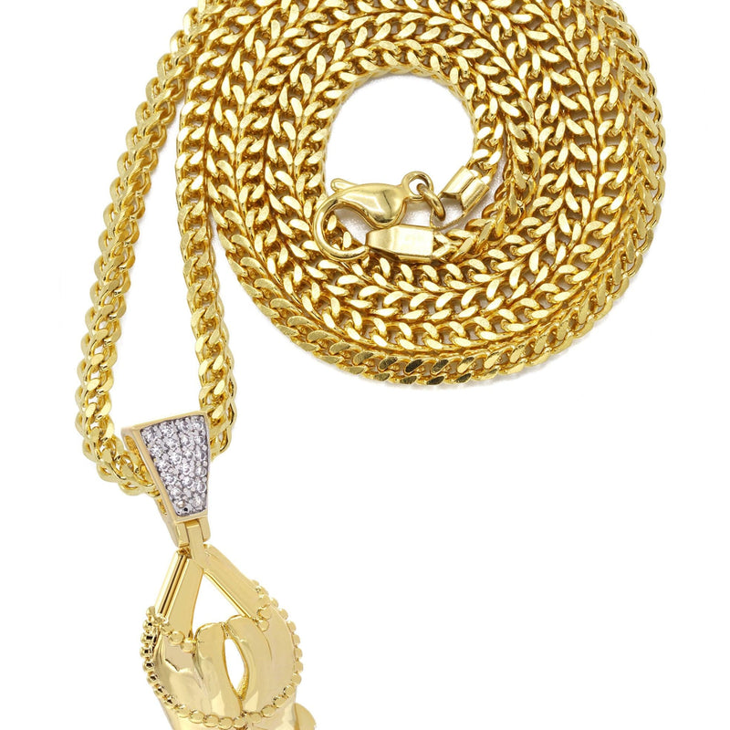 Mens Gold Plated Franco Chain & Praying Hands Pendant | Appx. 12 Grams