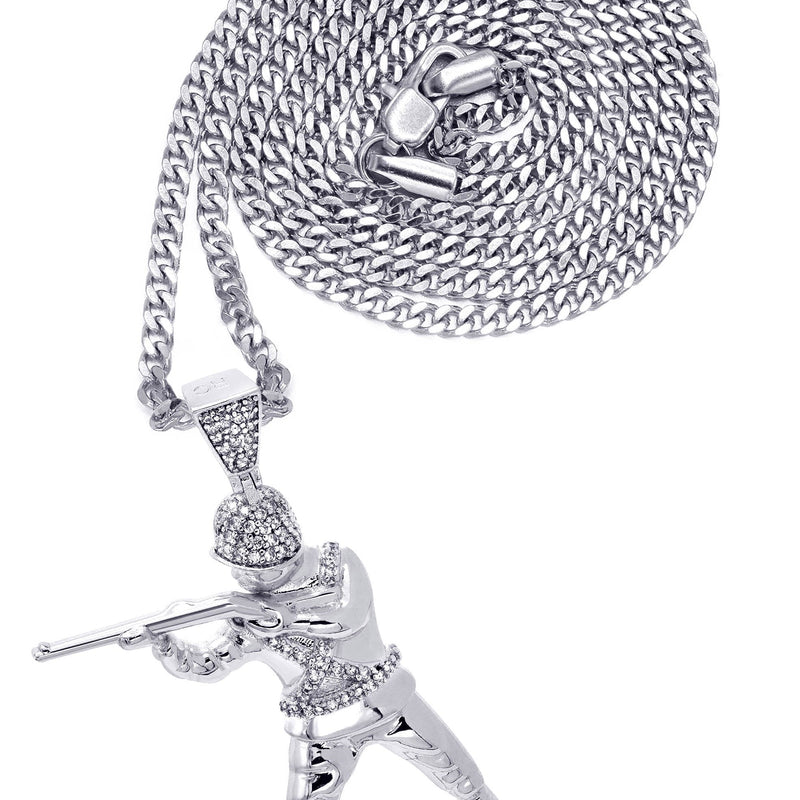 White Gold Plated Cuban Link Chain & Soldier Pendant | Appx. 14.3 Grams