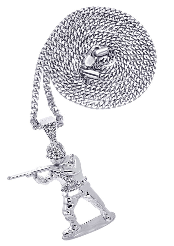 White Gold Plated Cuban Link Chain & Soldier Pendant | Appx. 14.3 Grams