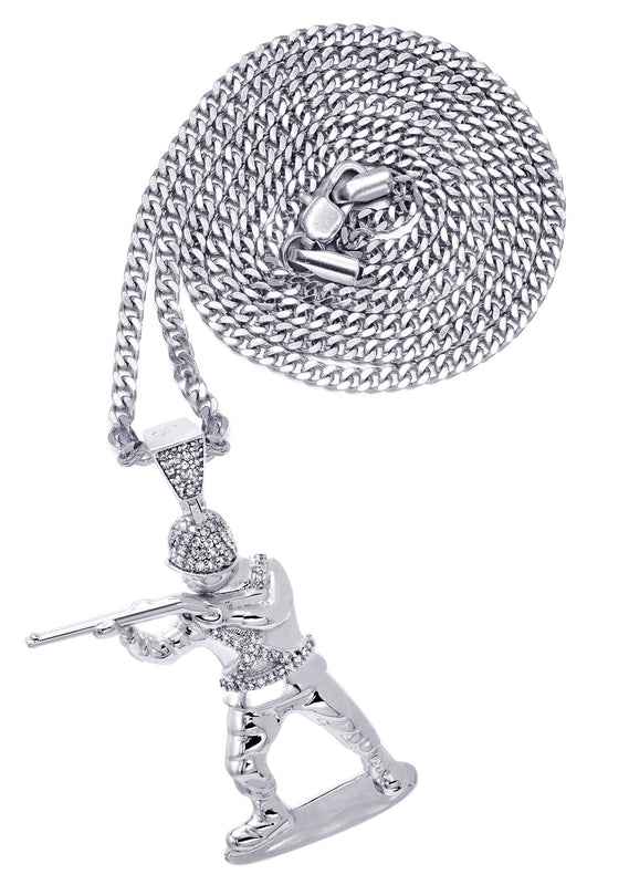 White Gold Plated Cuban Link Chain & Soldier Pendant | Appx. 14.3 Grams