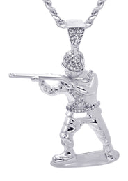White Gold Plated Cuban Link Chain & Soldier Pendant | Appx. 14.3 Grams
