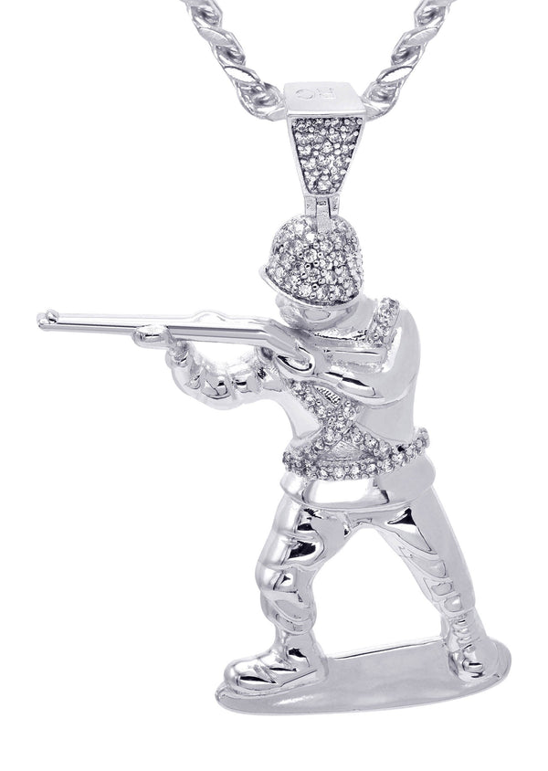 White Gold Plated Cuban Link Chain & Soldier Pendant | Appx. 14.3 Grams