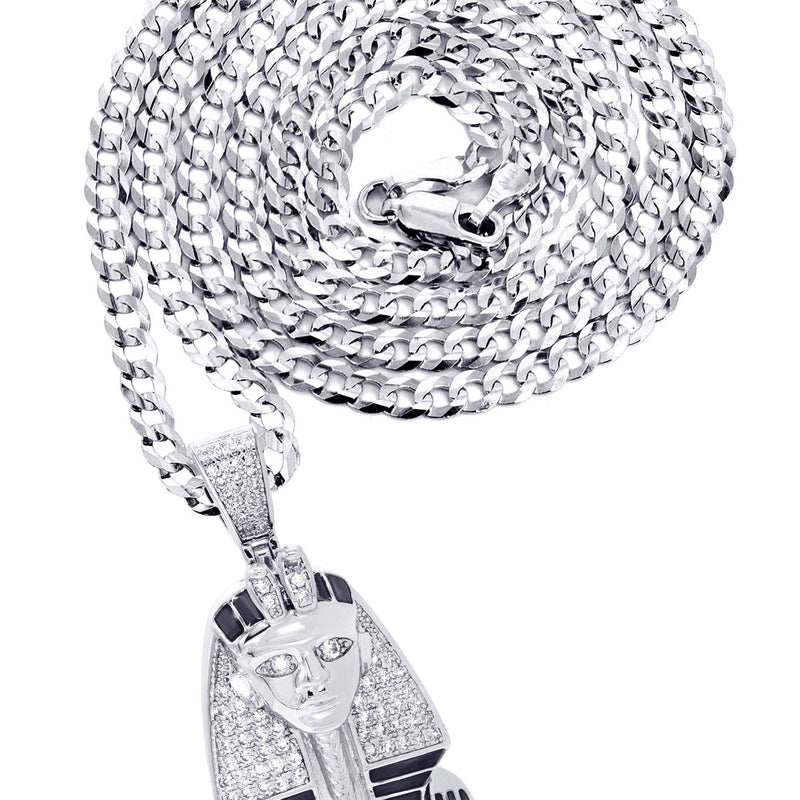 White Gold Plated Cuban Link Chain & Pharaoh Pendant | Appx. 16 Grams