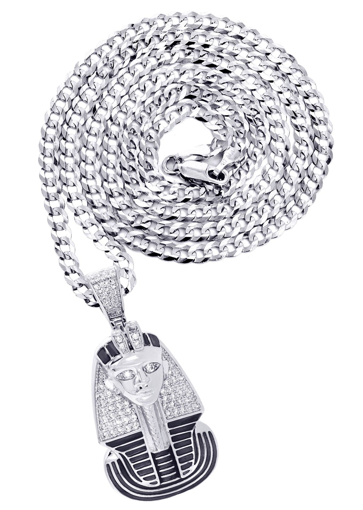 White Gold Plated Cuban Link Chain & Pharaoh Pendant | Appx. 16 Grams