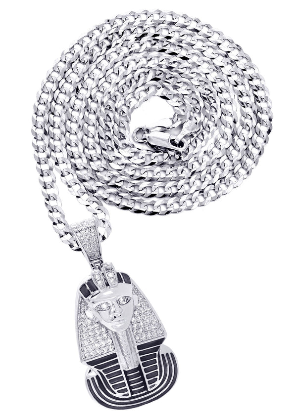 White Gold Plated Cuban Link Chain & Pharaoh Pendant | Appx. 16 Grams