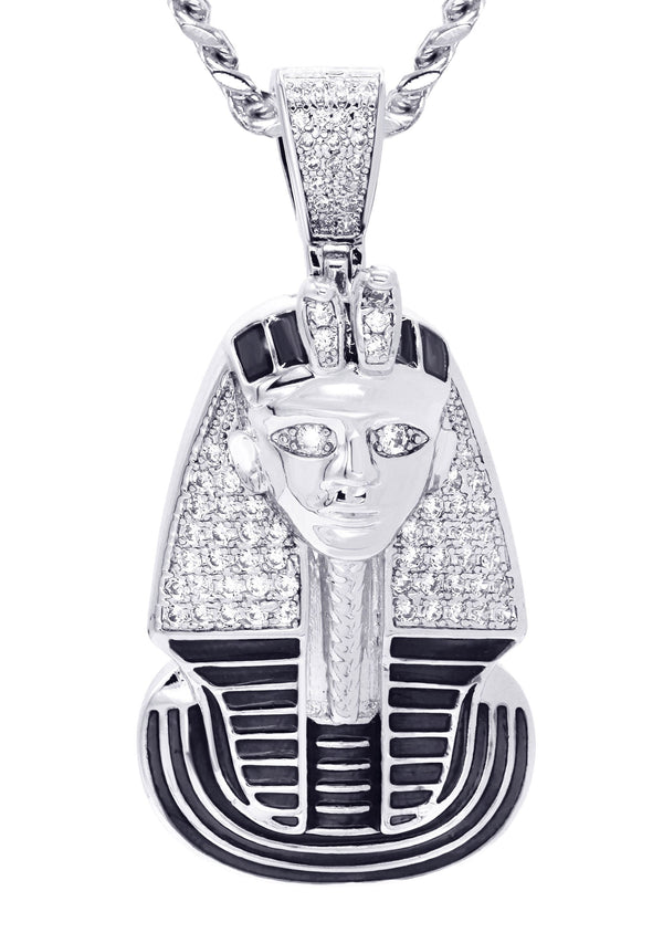 White Gold Plated Cuban Link Chain & Pharaoh Pendant | Appx. 16 Grams