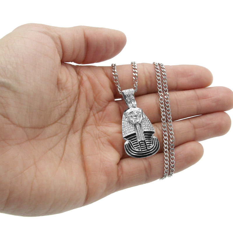 White Gold Plated Cuban Link Chain & Pharaoh Pendant | Appx. 16 Grams