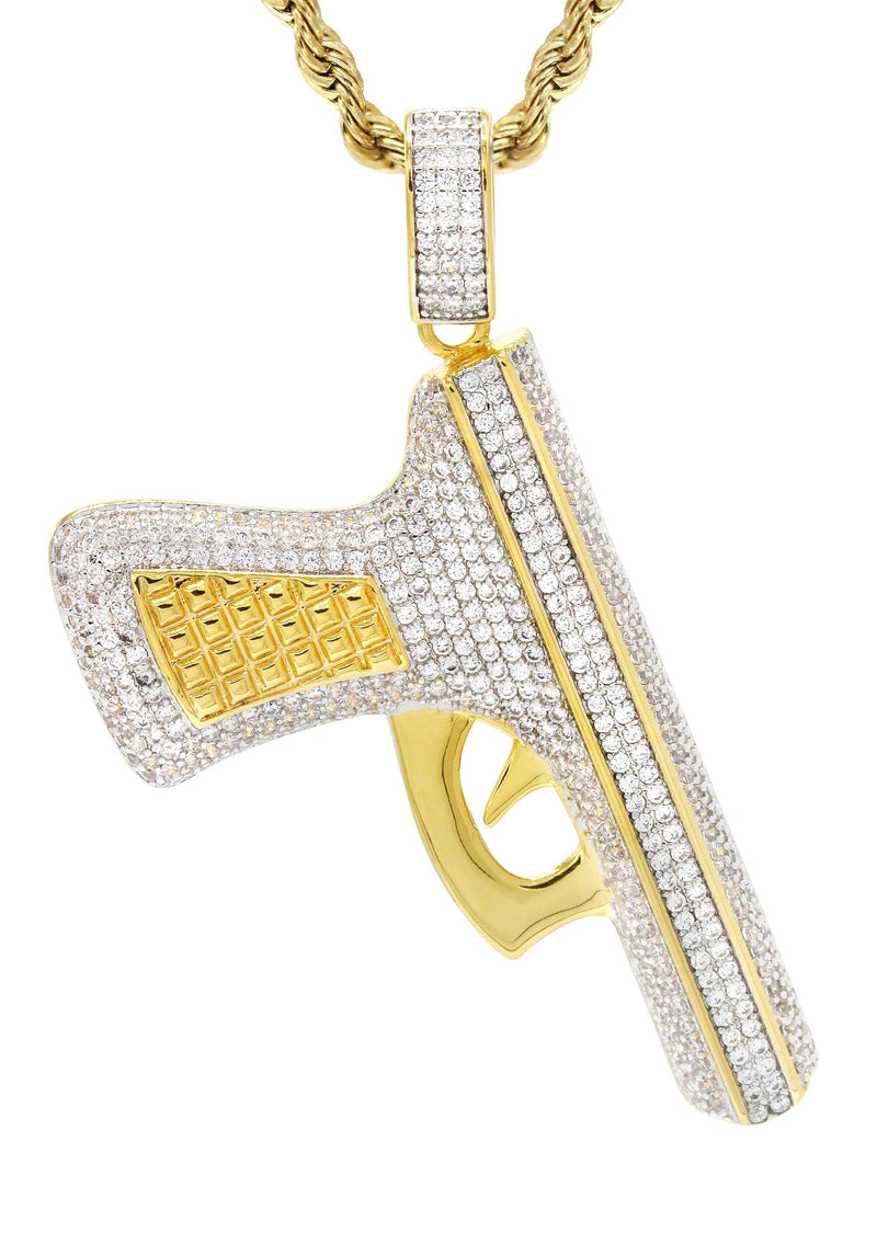 Mens Gold Plated Rope Chain & Gun Pendant | Appx. 16.2 Grams