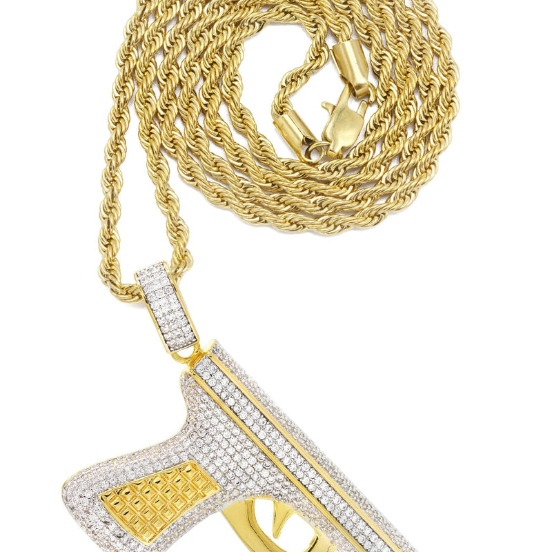Mens Gold Plated Rope Chain & Gun Pendant | Appx. 16.2 Grams