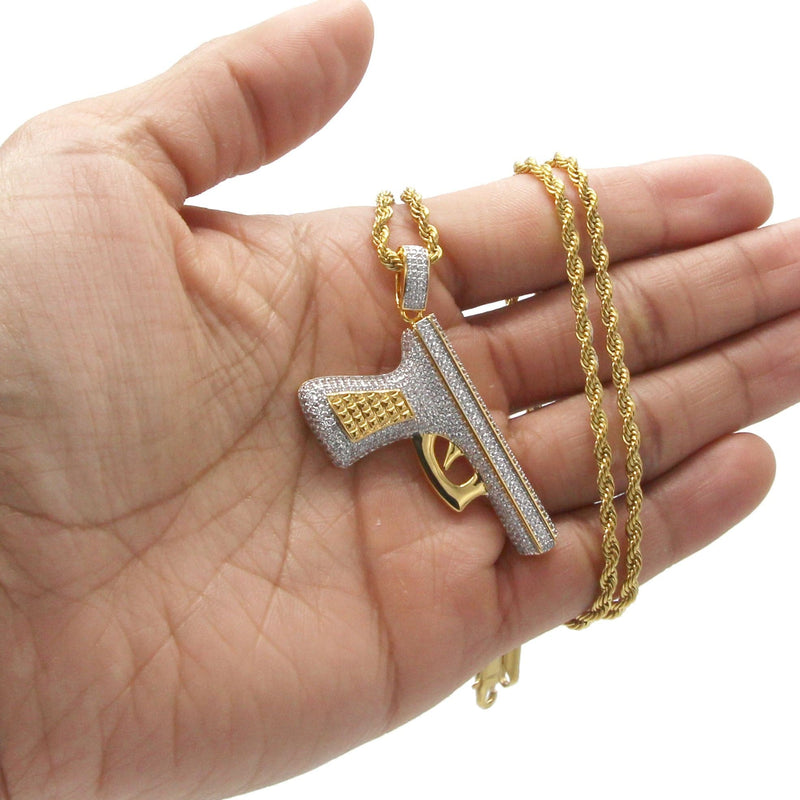 Mens Gold Plated Rope Chain & Gun Pendant | Appx. 16.2 Grams