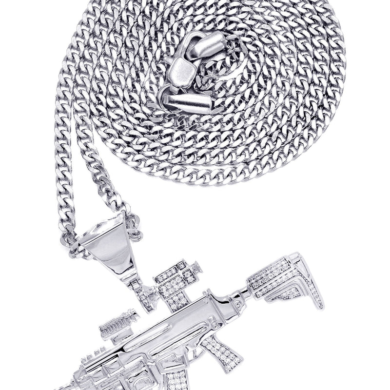 White Gold Plated Cuban Link Chain & Gun Pendant | Appx. 31.9 Grams
