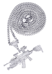 White Gold Plated Cuban Link Chain & Gun Pendant | Appx. 31.9 Grams