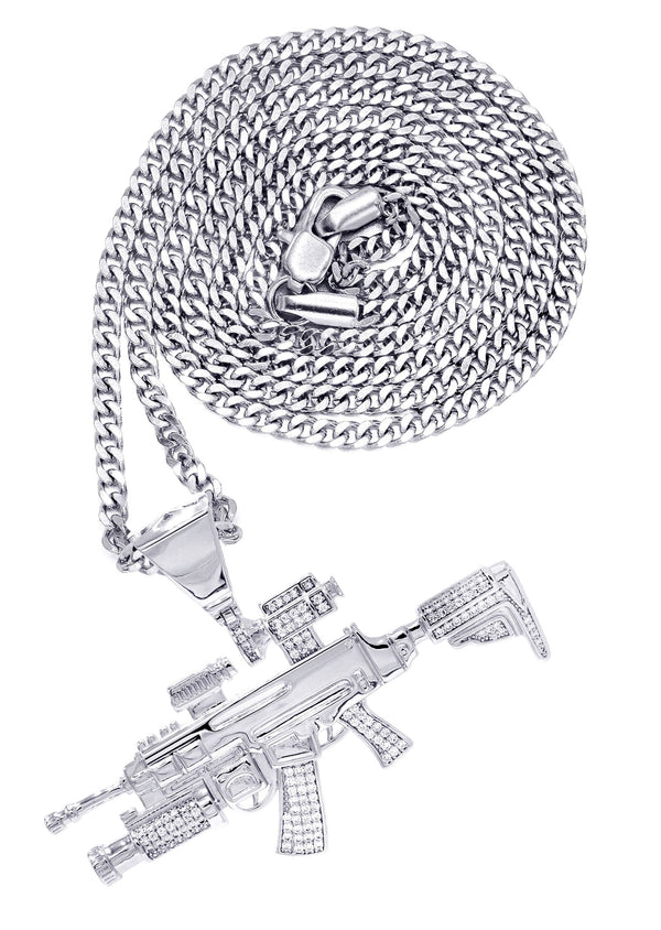 White Gold Plated Cuban Link Chain & Gun Pendant | Appx. 31.9 Grams