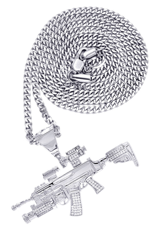 White Gold Plated Cuban Link Chain & Gun Pendant | Appx. 31.9 Grams