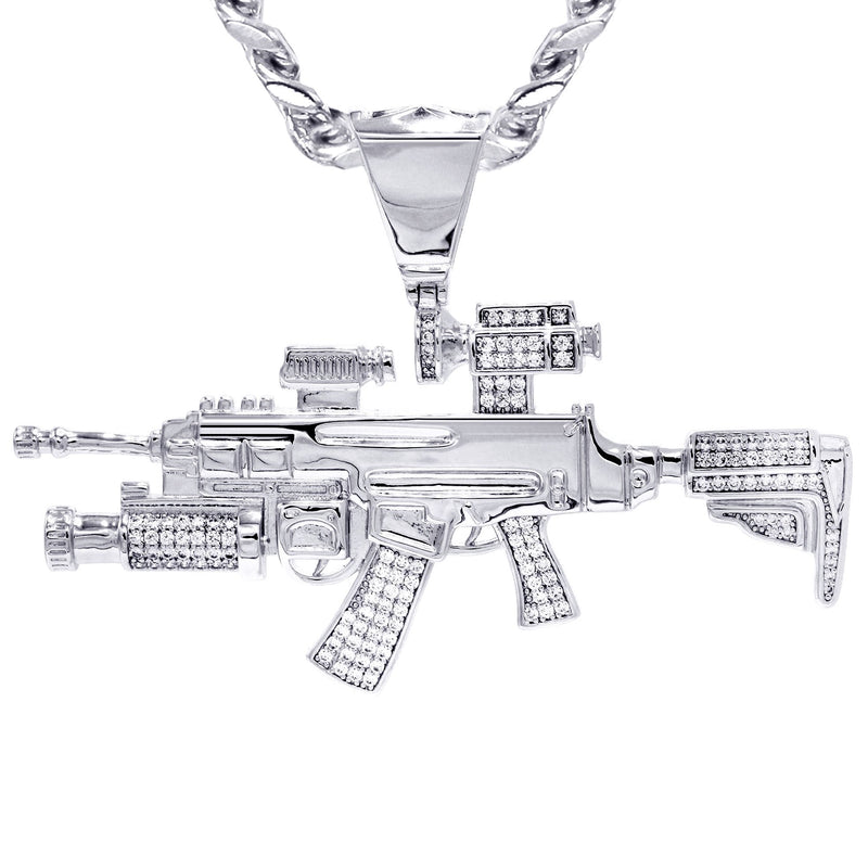 White Gold Plated Cuban Link Chain & Gun Pendant | Appx. 31.9 Grams
