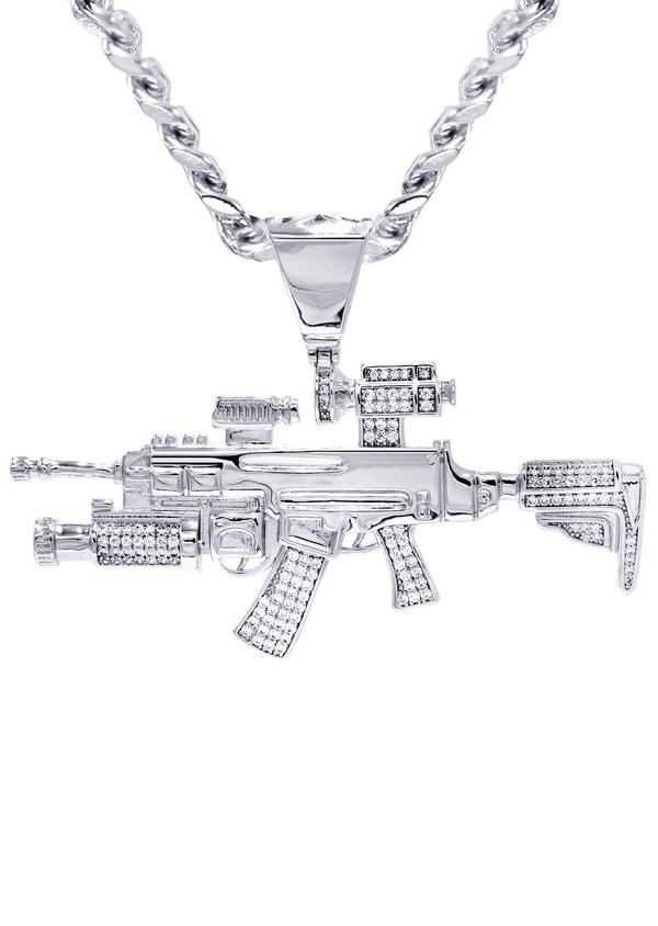 White Gold Plated Cuban Link Chain & Gun Pendant | Appx. 31.9 Grams