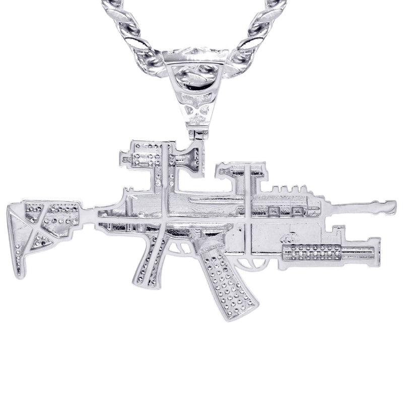 White Gold Plated Cuban Link Chain & Gun Pendant | Appx. 31.9 Grams