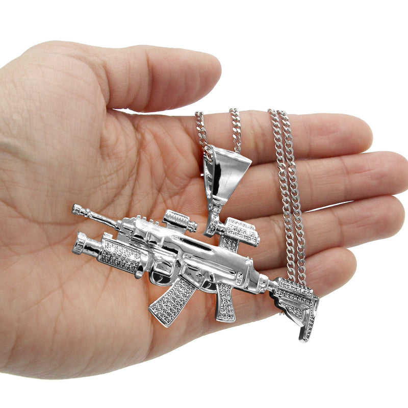 White Gold Plated Cuban Link Chain & Gun Pendant | Appx. 31.9 Grams