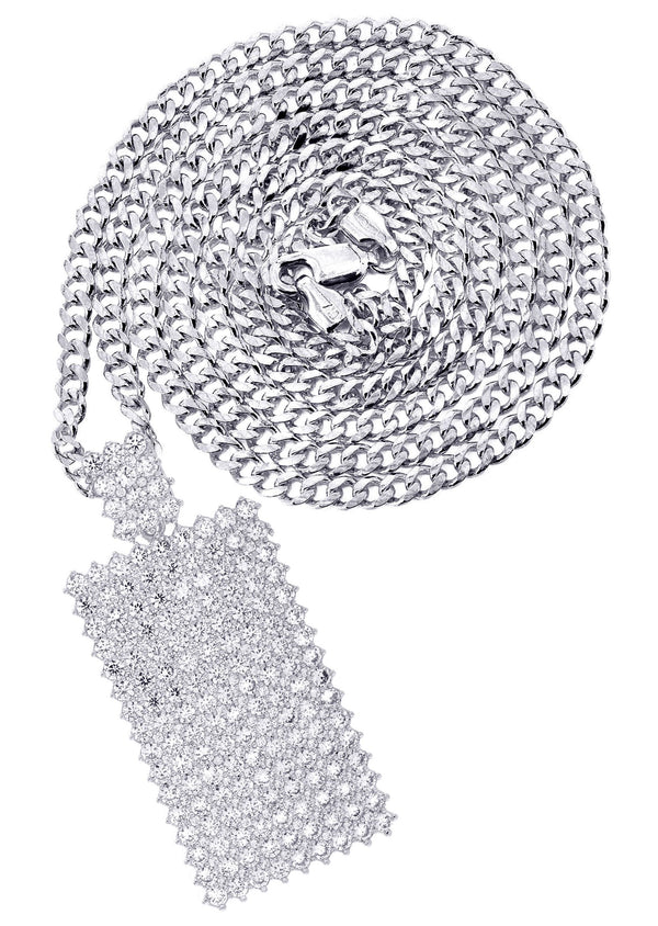 White Gold Plated Cuban Link Chain & Dog Tag Pendant | Appx. 28 Grams
