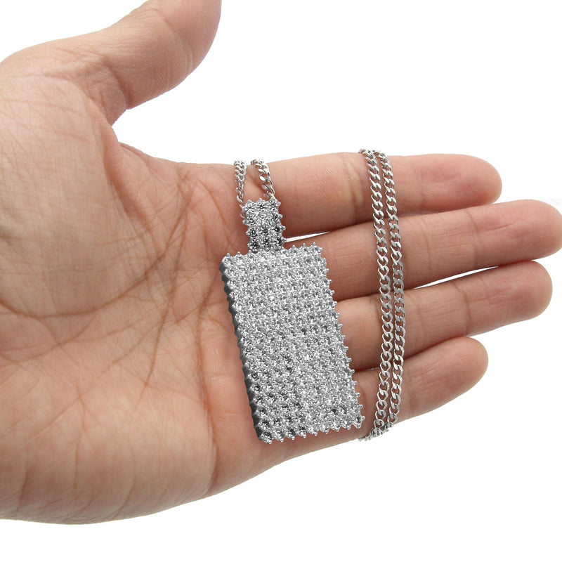White Gold Plated Cuban Link Chain & Dog Tag Pendant | Appx. 28 Grams