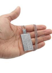 White Gold Plated Cuban Link Chain & Dog Tag Pendant | Appx. 28 Grams