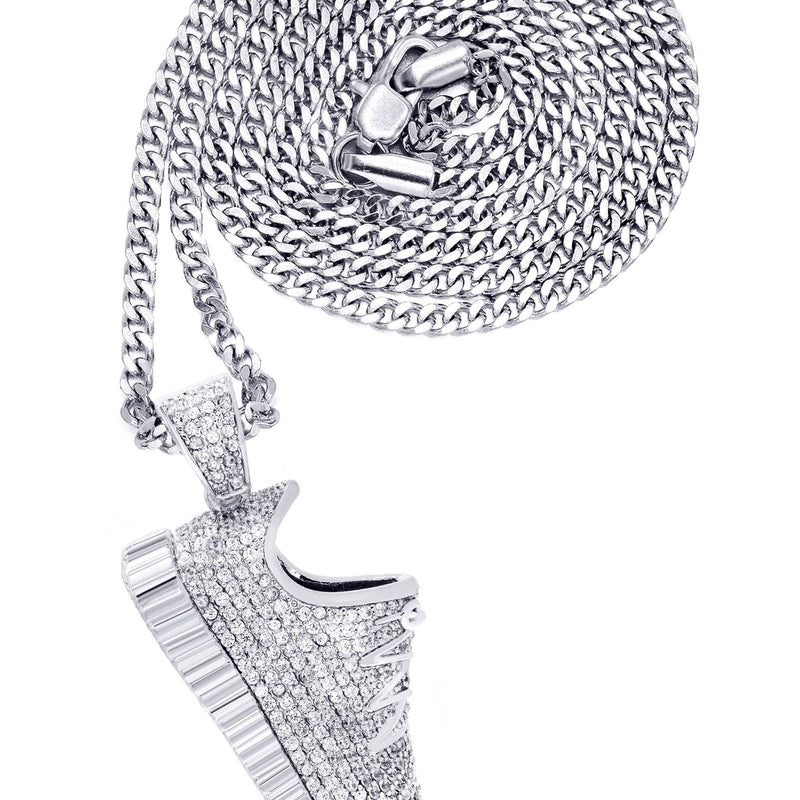 White Gold Plated Cuban Link Chain & Sneaker Pendant | Appx. 30.9 Grams