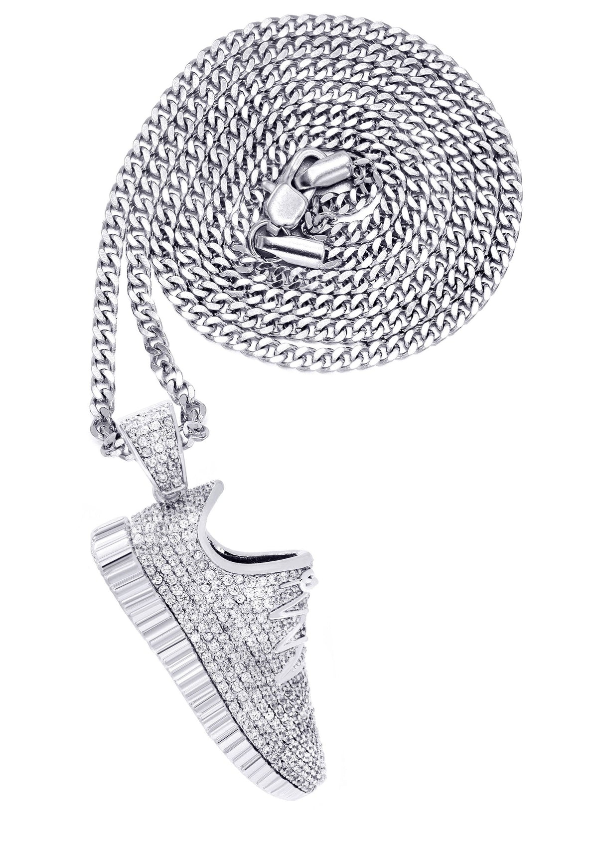 White Gold Plated Cuban Link Chain & Sneaker Pendant | Appx. 30.9 Grams