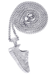 White Gold Plated Cuban Link Chain & Sneaker Pendant | Appx. 30.9 Grams