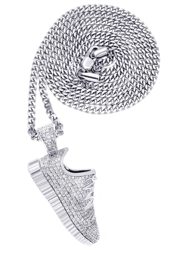 White Gold Plated Cuban Link Chain & Sneaker Pendant | Appx. 30.9 Grams