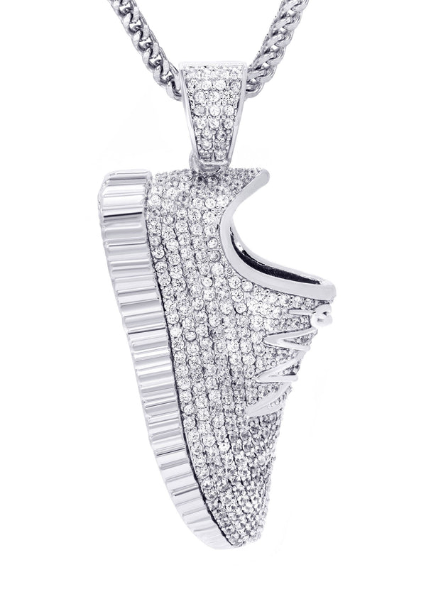 White Gold Plated Cuban Link Chain & Sneaker Pendant | Appx. 30.9 Grams