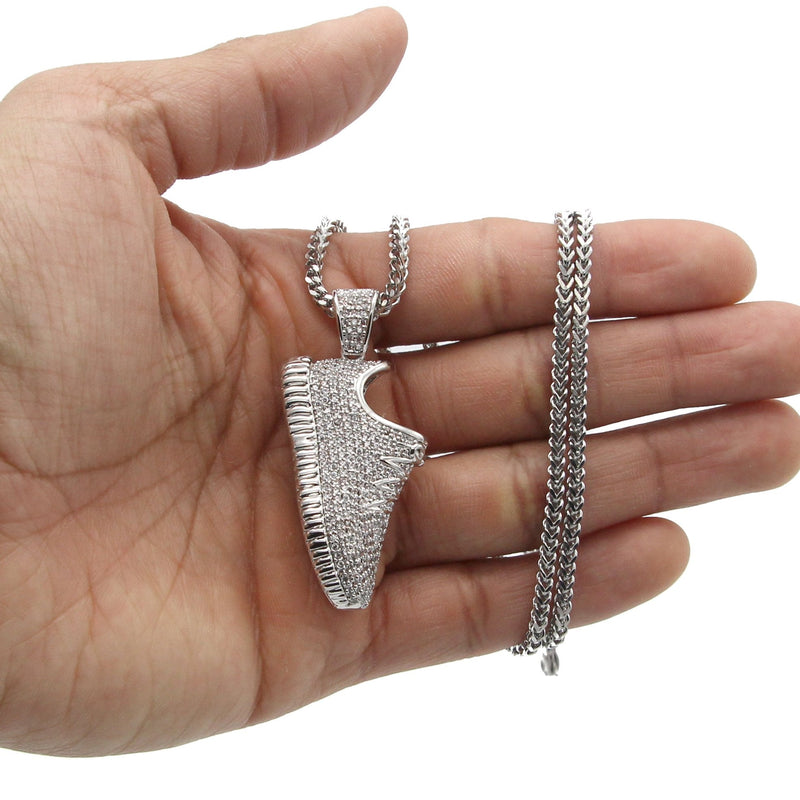 White Gold Plated Cuban Link Chain & Sneaker Pendant | Appx. 30.9 Grams