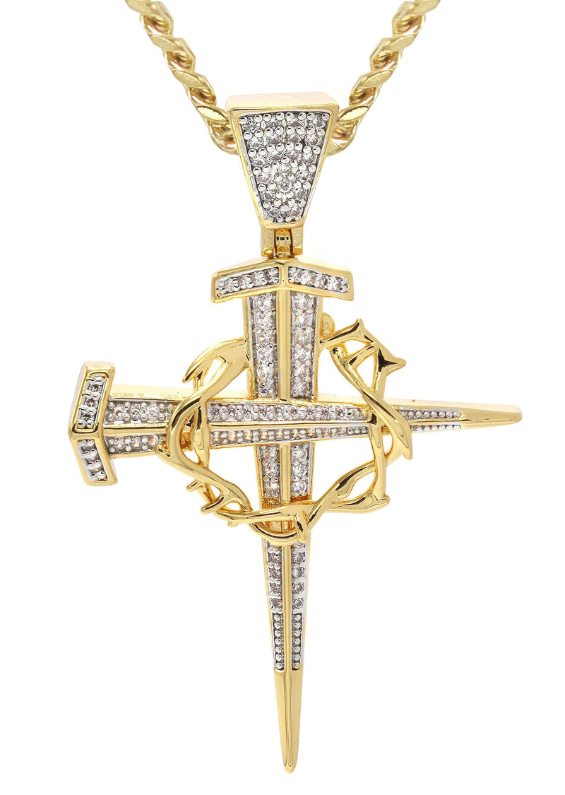 Mens Gold Plated Cuban Link Chain & Cross Pendant | Appx. 14.4 Grams