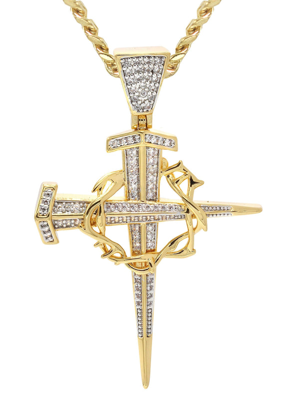 Mens Gold Plated Cuban Link Chain & Cross Pendant | Appx. 14.4 Grams