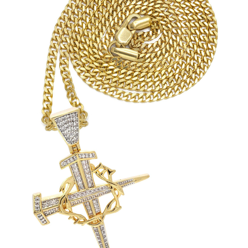Mens Gold Plated Cuban Link Chain & Cross Pendant | Appx. 14.4 Grams