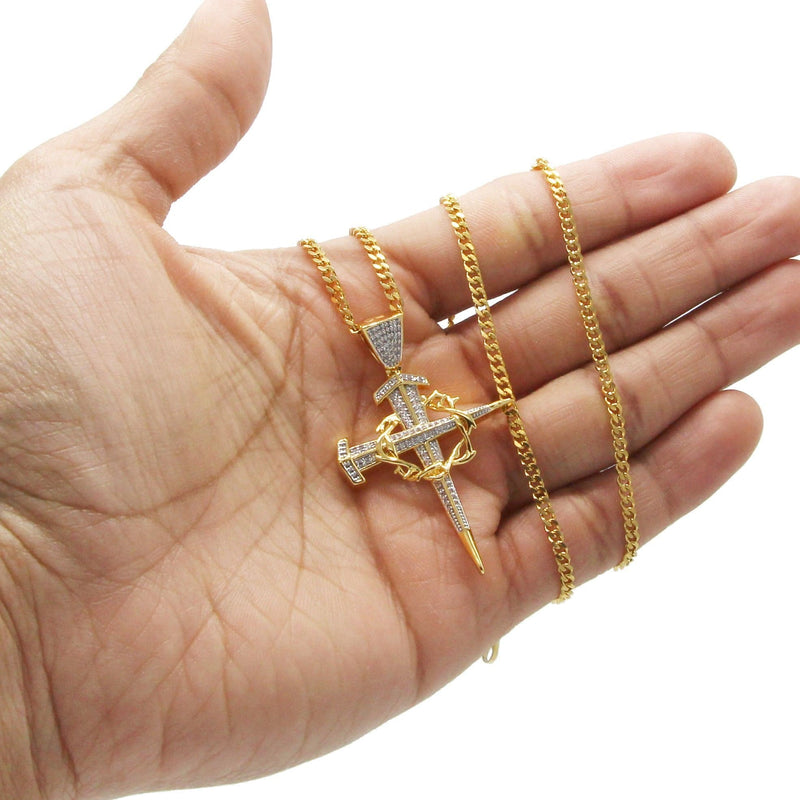 Mens Gold Plated Cuban Link Chain & Cross Pendant | Appx. 14.4 Grams