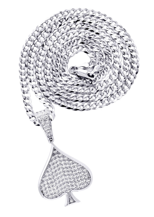 White Gold Plated Cuban Link Chain & Ace of Spades Pendant | Appx. 15.9 Grams