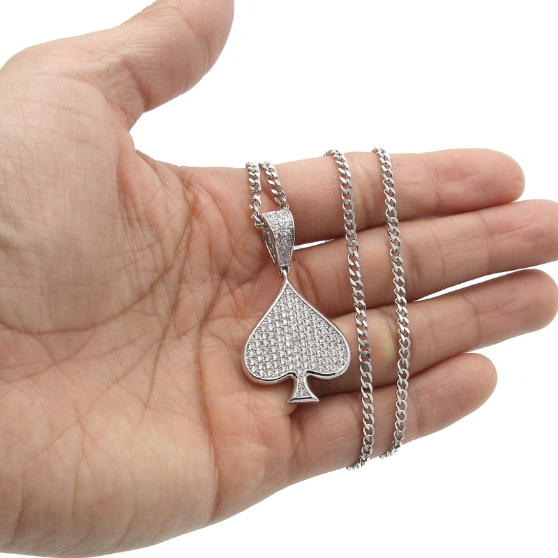 White Gold Plated Cuban Link Chain & Ace of Spades Pendant | Appx. 15.9 Grams