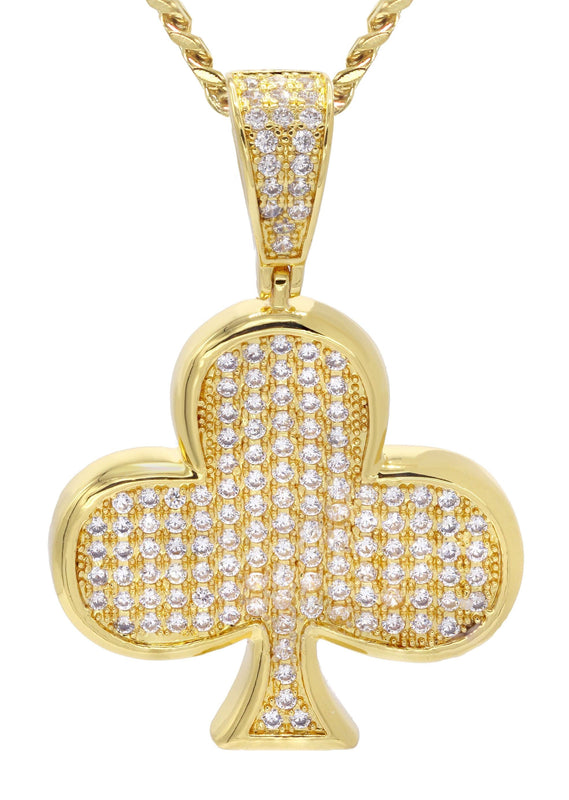 Mens Gold Plated Cuban Link Chain & Clover Pendant | Appx. 18.8 Grams