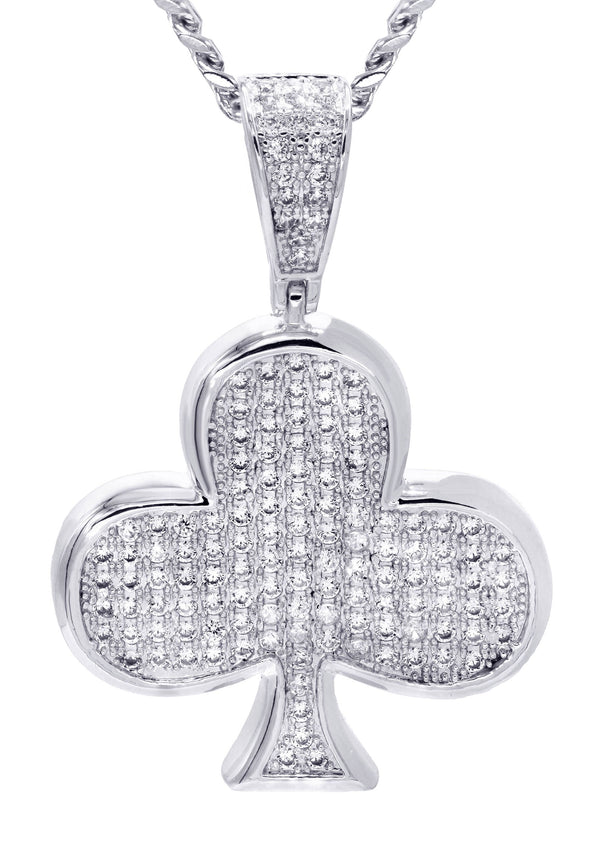 White Gold Plated Cuban Link Chain & Trebol Pendant | Appx. 18.8 Grams