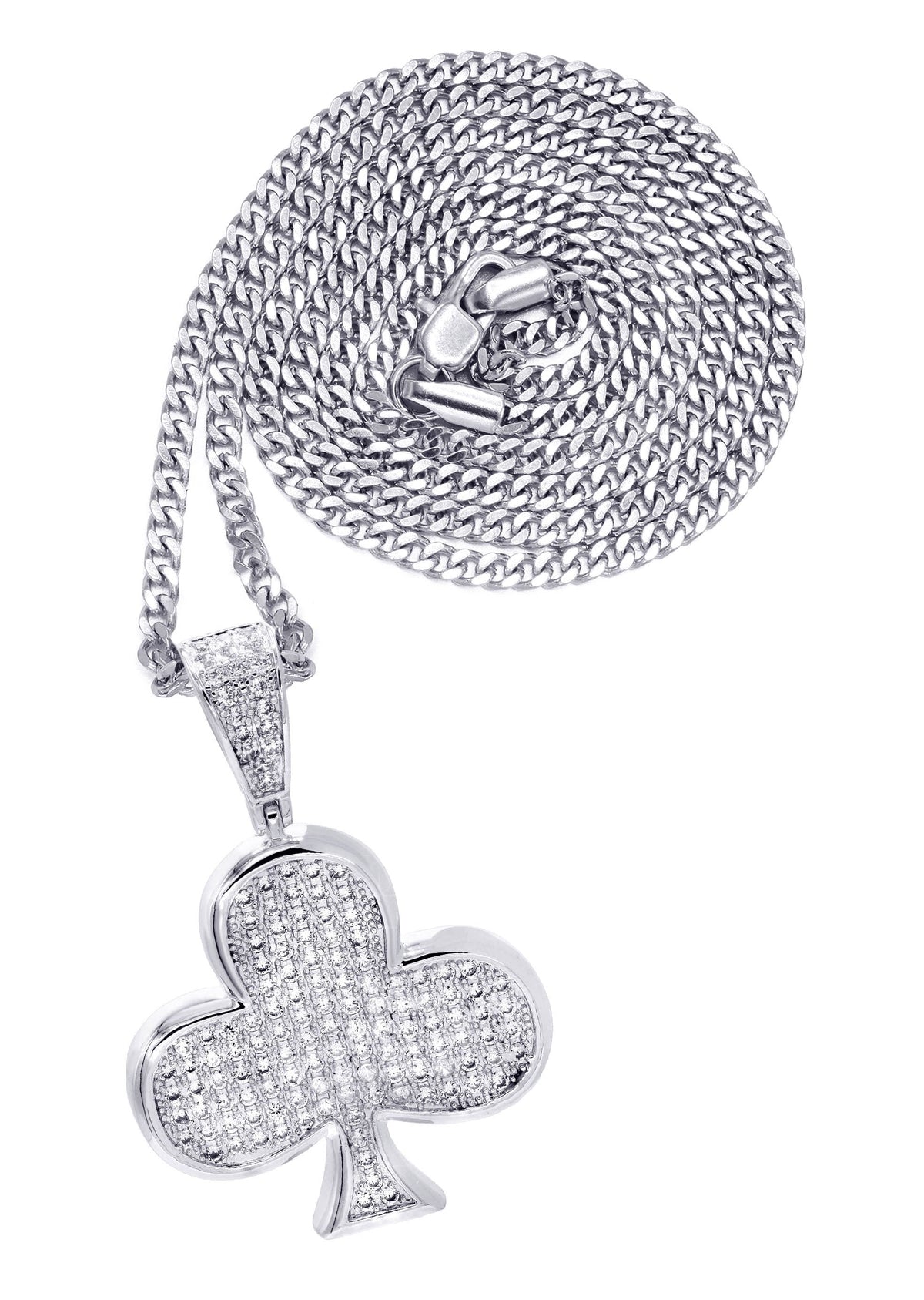White Gold Plated Cuban Link Chain & Trebol Pendant | Appx. 18.8 Grams