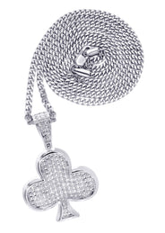 White Gold Plated Cuban Link Chain & Trebol Pendant | Appx. 18.8 Grams