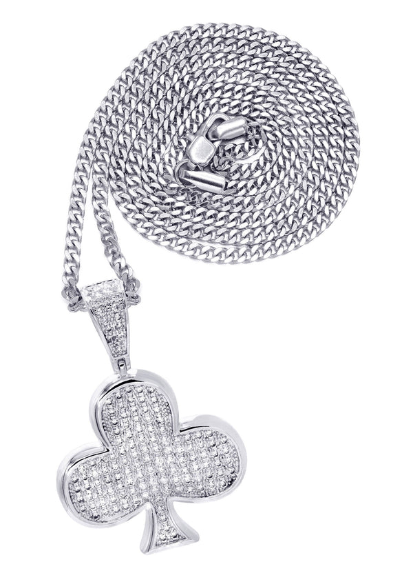 White Gold Plated Cuban Link Chain & Trebol Pendant | Appx. 18.8 Grams